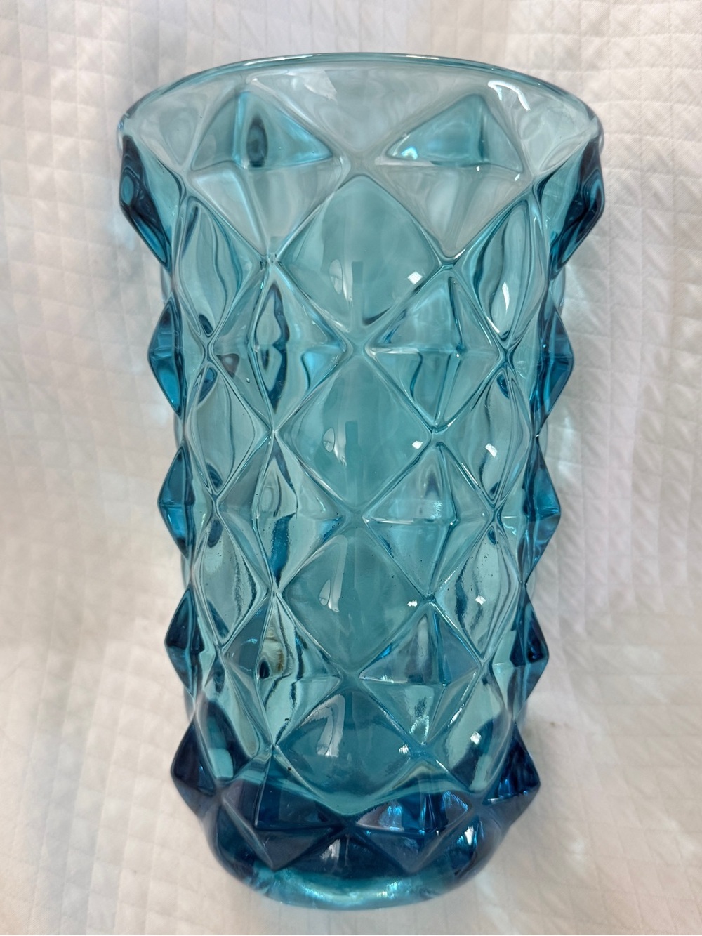 Textured Blue Diamond-Pattern Glass Vase